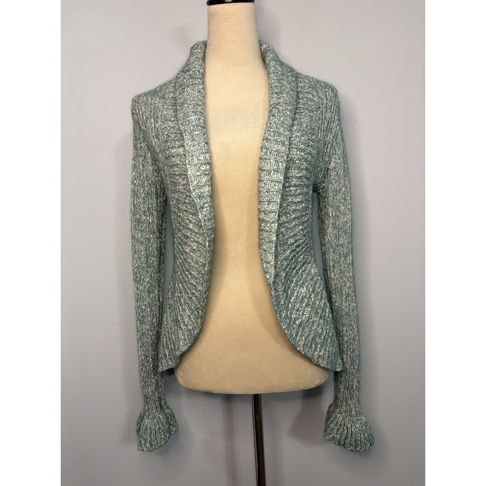 Mac & Jac Open Front Cardigan Shrug Peplum Marled Green Sweater Ruffle Y2K Small